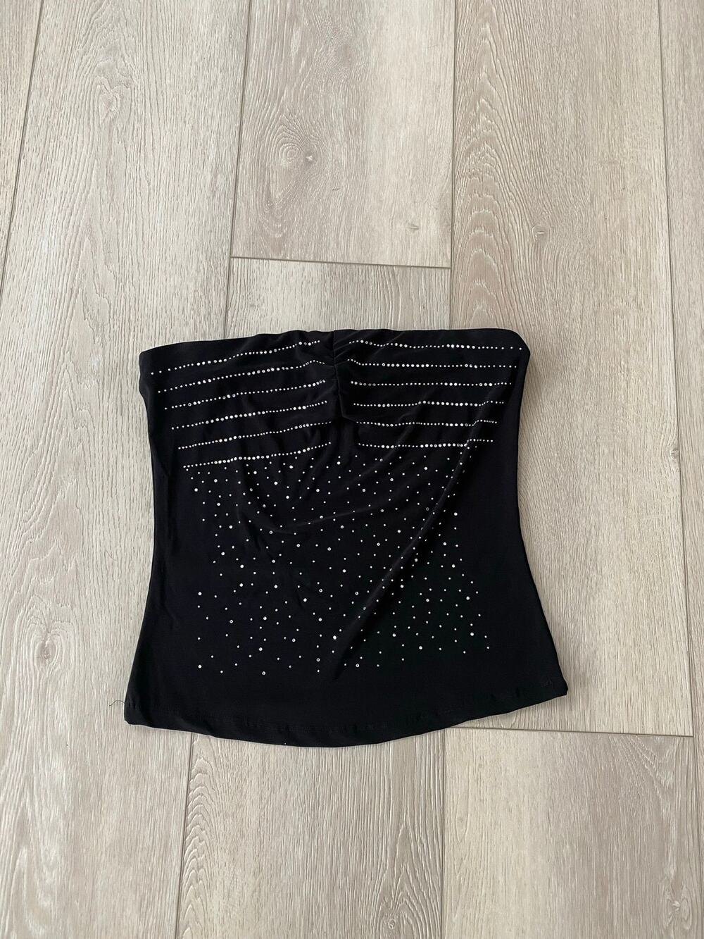 Y2K Sabora Black Rhinestone Corset Strapless Top Size Large